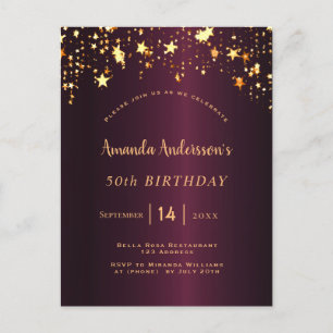 Birthday party burgundy gold stars glazen briefkaart