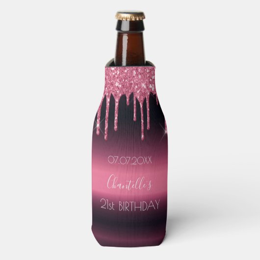 Birthday party burgundy roze glitter 21 glam flesjeskoeler (Fles Voorkant)