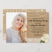 Birthday Party Burlap Roos Foto Rustic Kaart (Voorkant / Achterkant)