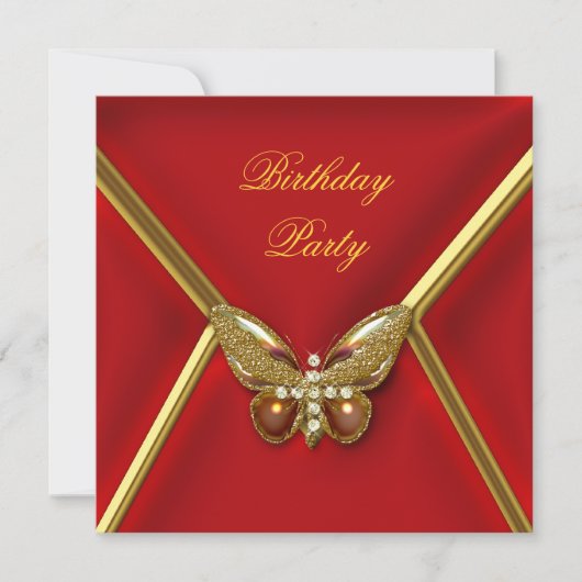 Birthday Party Butterfly Deep Red Gold Afbeelding Kaart (Voorkant)