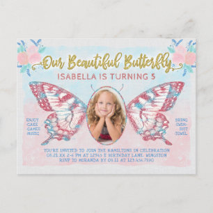 Birthday Party Butterfly Foto Girls Cute Kind roze Uitnodiging Briefkaart