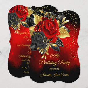 Birthday Party Butterfly Red Rose Floral Gold 2 Kaart