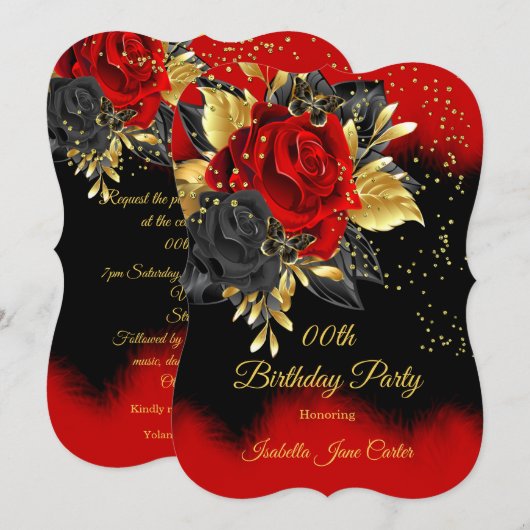 Birthday Party Butterfly Red Rose Floral Gold Kaart (Voorkant / Achterkant)