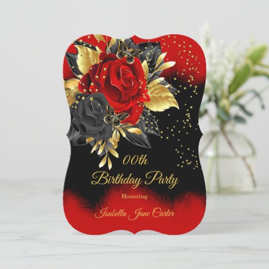 Birthday Party Butterfly Red Rose Floral Gold Kaart (Staand voorkant)