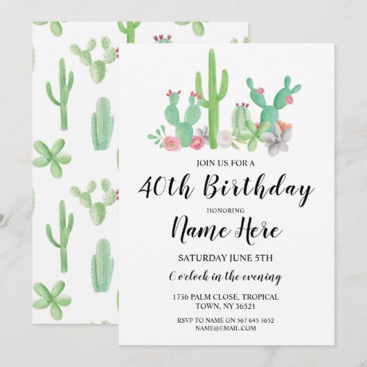 Birthday Party Cactus Any Age  Cacti Invite Kaart (Voorkant / Achterkant)