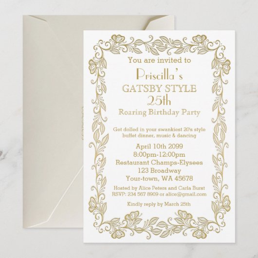 Birthday party call Art Deco, Woman, witte gol Kaart (Voorkant / Achterkant)