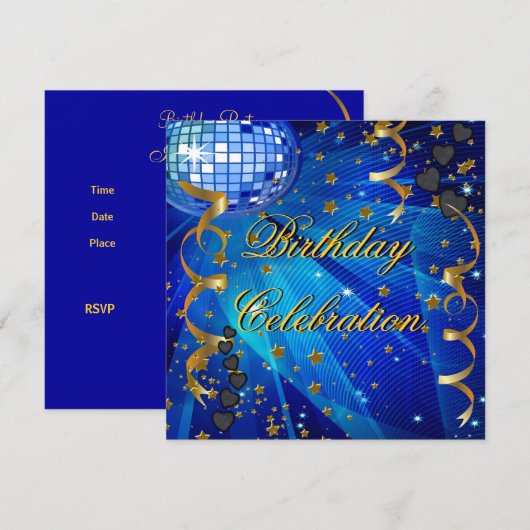 Birthday Party Celebration Retro Blue Disco Ball Kaart (Voorkant / Achterkant)