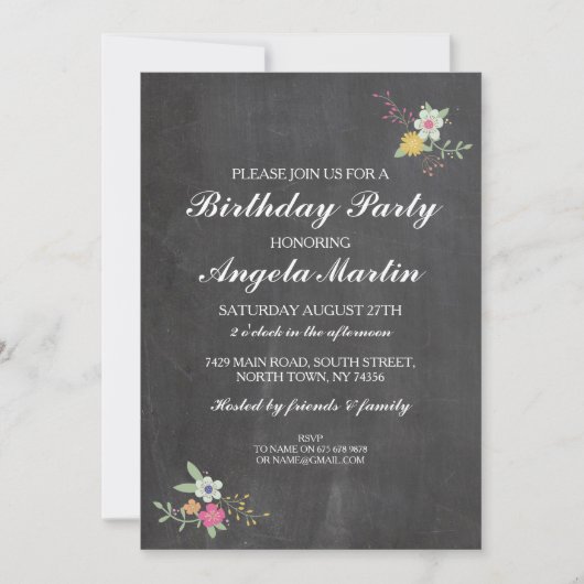 Birthday Party Chalkboard Floral Flowers Invite 40 Kaart (Voorkant)