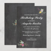 Birthday Party Chalkboard Floral Flowers Invite 40 Kaart (Voorkant / Achterkant)