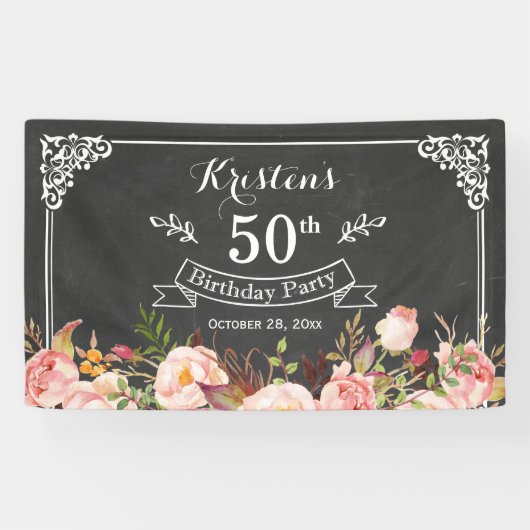 Birthday Party - Chalkboard - kalkhoudend Floral Spandoek (Horizontaal)