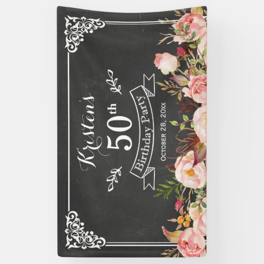 Birthday Party - Chalkboard - kalkhoudend Floral Spandoek (Verticaal)
