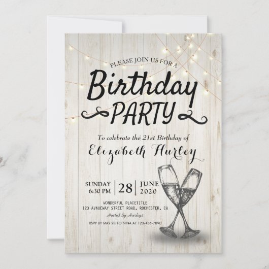 Birthday Party Champagne Glass Wood String Lights Kaart (Voorkant)