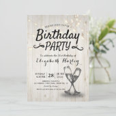 Birthday Party Champagne Glass Wood String Lights Kaart (Staand voorkant)