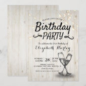 Birthday Party Champagne Glass Wood String Lights Kaart (Voorkant / Achterkant)