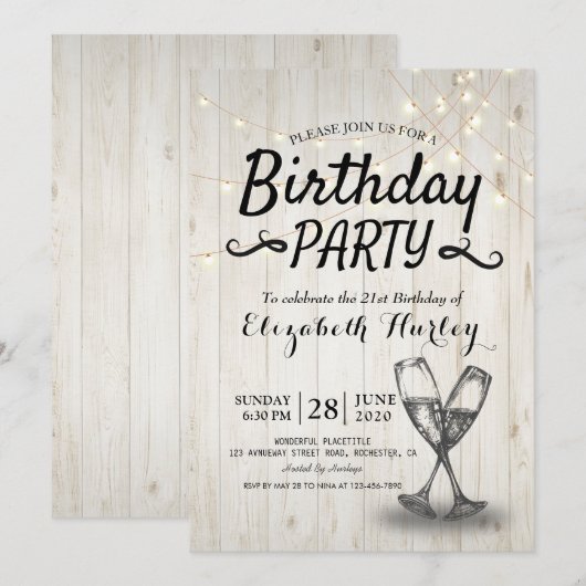 Birthday Party Champagne Glass Wood String Lights Kaart (Voorkant / Achterkant)