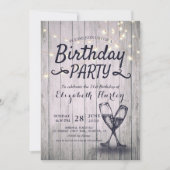 Birthday Party Champagne Glass Wood String Lights Kaart (Voorkant)