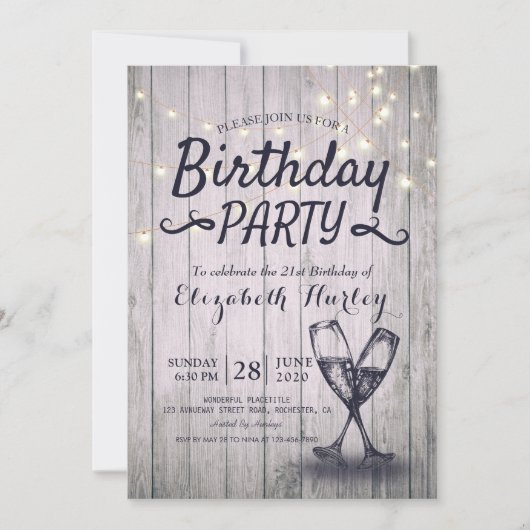 Birthday Party Champagne Glass Wood String Lights Kaart (Voorkant)