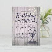 Birthday Party Champagne Glass Wood String Lights Kaart (Staand voorkant)