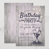 Birthday Party Champagne Glass Wood String Lights Kaart (Voorkant / Achterkant)