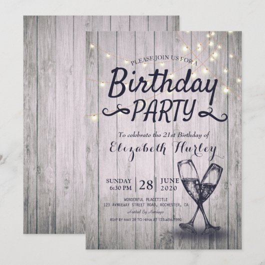 Birthday Party Champagne Glass Wood String Lights Kaart (Voorkant / Achterkant)