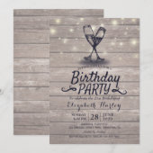 Birthday Party Champagne Glass Wood String Lights Kaart (Voorkant / Achterkant)