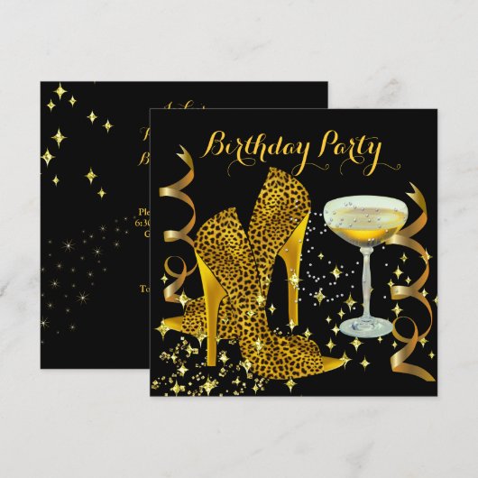 Birthday Party Champagne Gold Leopard Heels Kaart (Voorkant / Achterkant)
