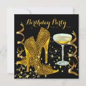 Birthday Party Champagne Gold Leopard Heels Kaart (Voorkant)