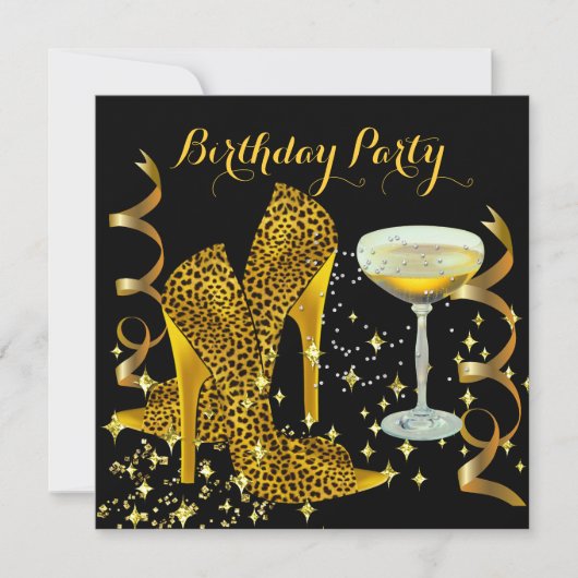 Birthday Party Champagne Gold Leopard Heels Kaart (Voorkant)