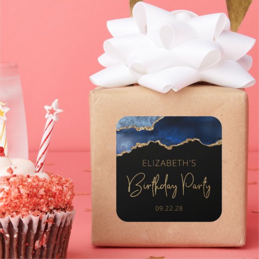 Birthday Party Chic Agate Geode Blue Gold Vierkante Sticker (Feest)