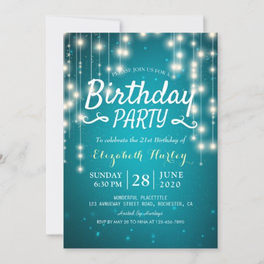 Birthday Party Chic Turquoise Sparkle String Light Kaart (Voorkant)