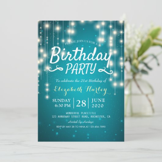 Birthday Party Chic Turquoise Sparkle String Light Kaart (Staand voorkant)