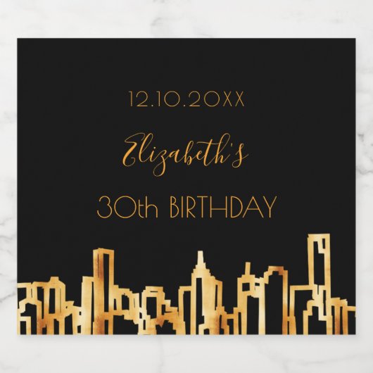 Birthday party city skyline zwart goud moderne sparkling wijnetiket (Enkel label)