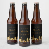 Birthday party city skyline zwarte gouden moderne  bier etiket (Flessen)