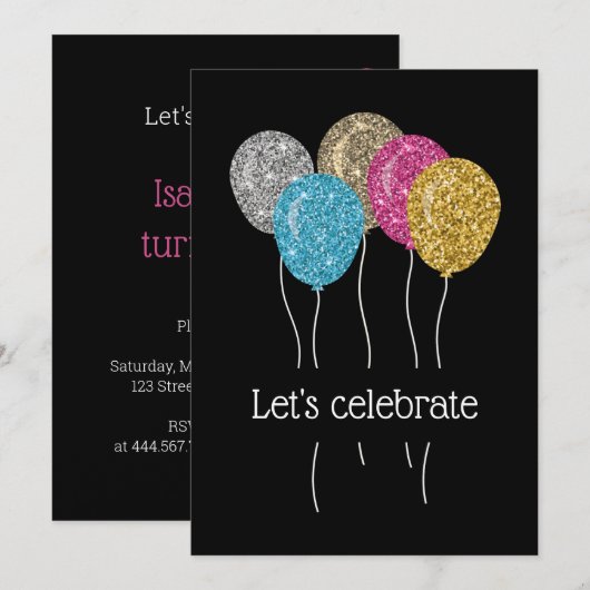 Birthday Party Colorful Glitter-ballonnen Kaart (Voorkant / Achterkant)