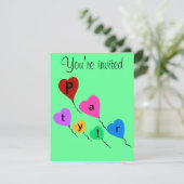 Birthday Party Colorful Heart Balloons Uitnodiging (Staand voorkant)