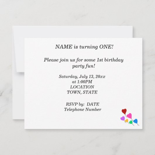 Birthday Party Colorful Heart Balloons Uitnodiging (Achterkant)