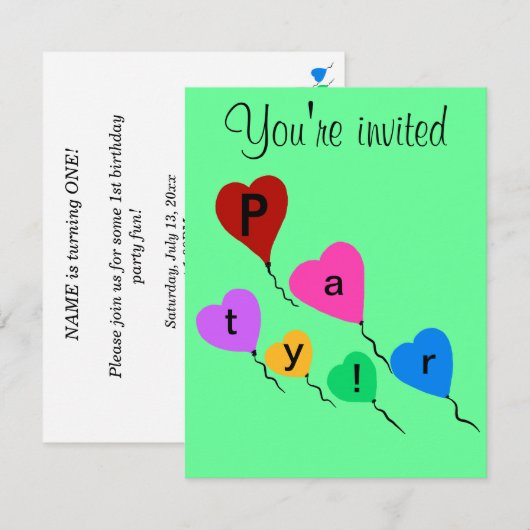 Birthday Party Colorful Heart Balloons Uitnodiging (Voorkant / Achterkant)