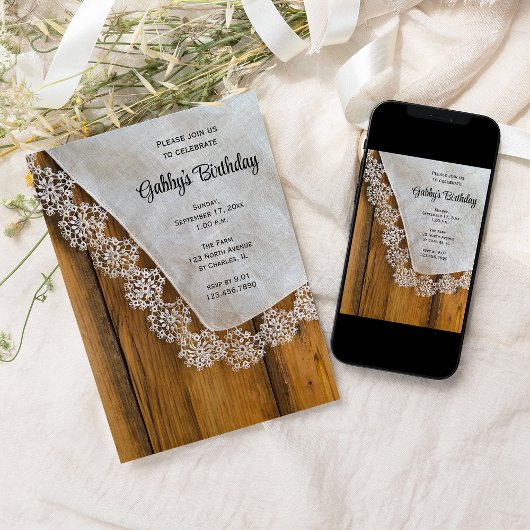 Birthday Party Country Lace en Barn Wood Kaart
