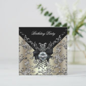 Birthday Party Cream Black Silver Damask Floral Kaart (Staand voorkant)