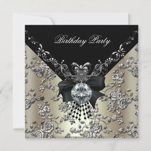 Birthday Party Cream Black Silver Damask Floral Kaart (Voorkant)