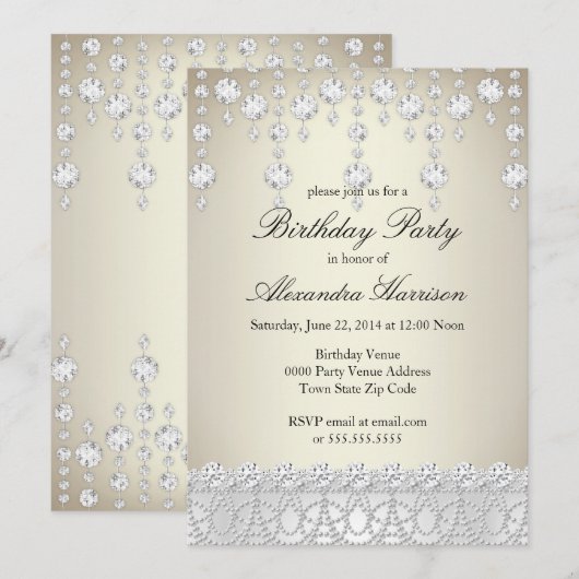 Birthday Party Crystal Silver Sepia Diamond Kaart (Voorkant / Achterkant)