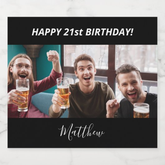 Birthday party custom photo black white modern guy bier etiket (Enkel label)