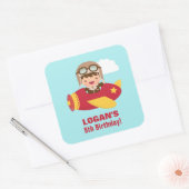 Birthday Party Cute Aviator Boy Vierkante Sticker (Envelop)
