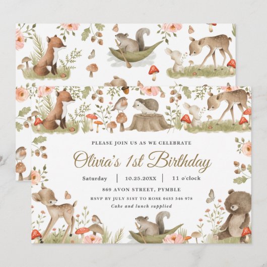 Birthday party  Cute Woodland Animals Kaart (Voorkant / Achterkant)