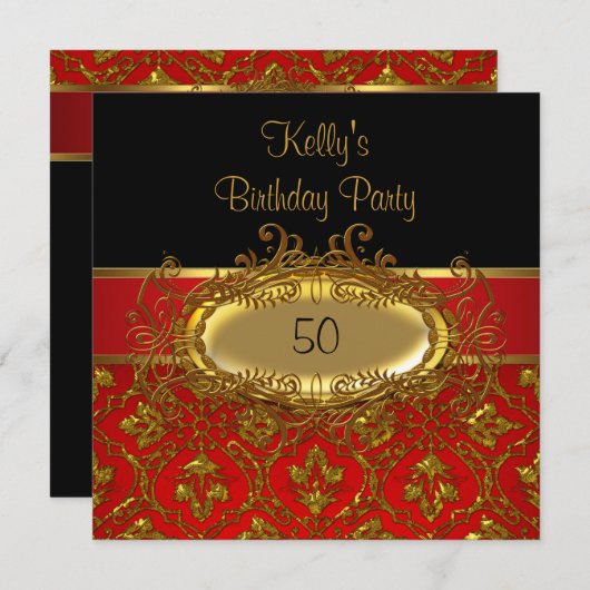 Birthday Party Damask Black Red Gold Kaart (Voorkant / Achterkant)