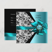 Birthday Party Damask Blauwgroen Blue Bow Jewel Kaart (Voorkant / Achterkant)