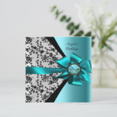 Birthday Party Damask Blauwgroen Blue Bow Jewel Kaart (Staand voorkant)