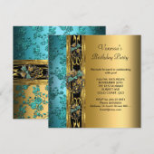 Birthday Party Damask Blauwgroen Blue Gold 2 Kaart (Voorkant / Achterkant)