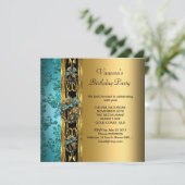 Birthday Party Damask Blauwgroen Blue Gold 2 Kaart (Staand voorkant)