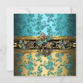 Birthday Party Damask Blauwgroen Blue Gold 2 Kaart (Achterkant)
